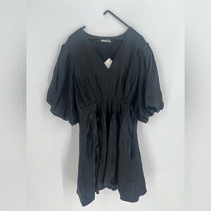 Simkhai Luisa Bubble Puffed Sleeve Satin Black Sheen Mini Dress